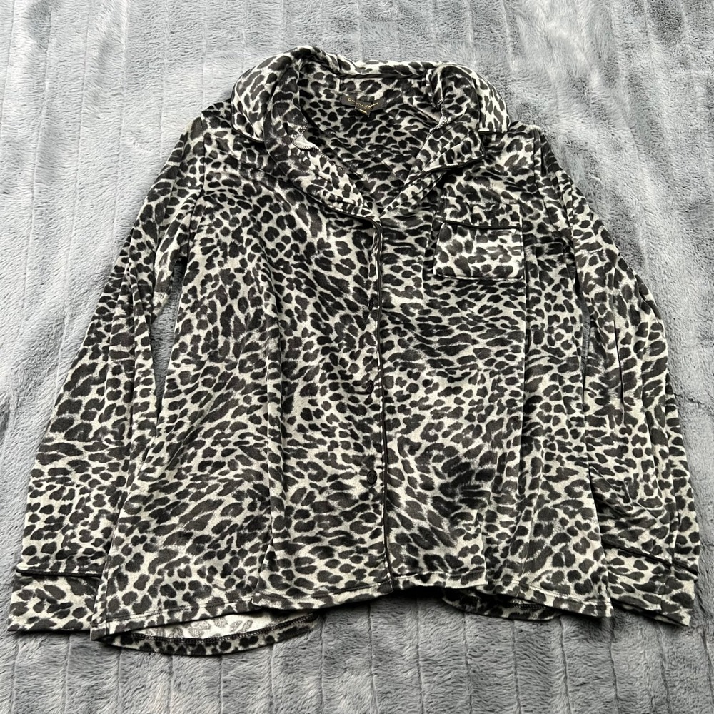 Donna Karan Sleepwear Womens Medium Leopard Print Velour Pajama Top Grey Black